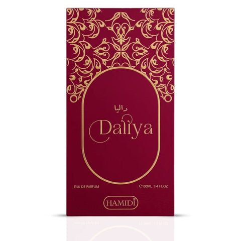 Hamidi Daliya Eau de Parfum spray bottle, 100ml, with elegant packaging and fragrance details visible.