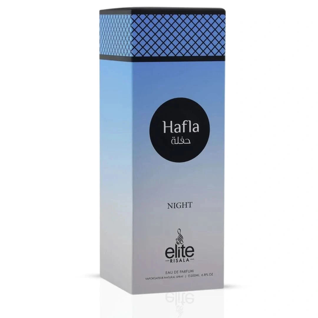 Elite Risala Hafla Night Eau de Parfum spray bottle, 200ml, sleek design with elegant branding and a luxurious fragrance concept.