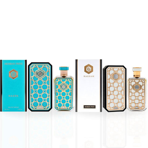 Rasasi Arabian Prive Collection Saada & Nagham Eau de Parfum sprays in 70ml bundle with decorative perfume bottles.