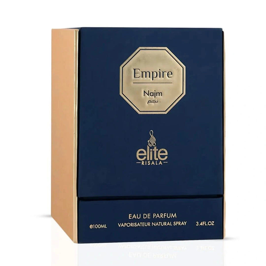 Empire Najm Eau de Parfum by Elite Risala, 100ml spray bottle, elegant glass container with gold accents and a sleek design.