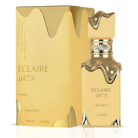 Bundle of two 100ml Lattafa Eclaire Banoffi and Shahoor Intense Al Absar Eau de Parfum sprays, featuring sleek bottles.