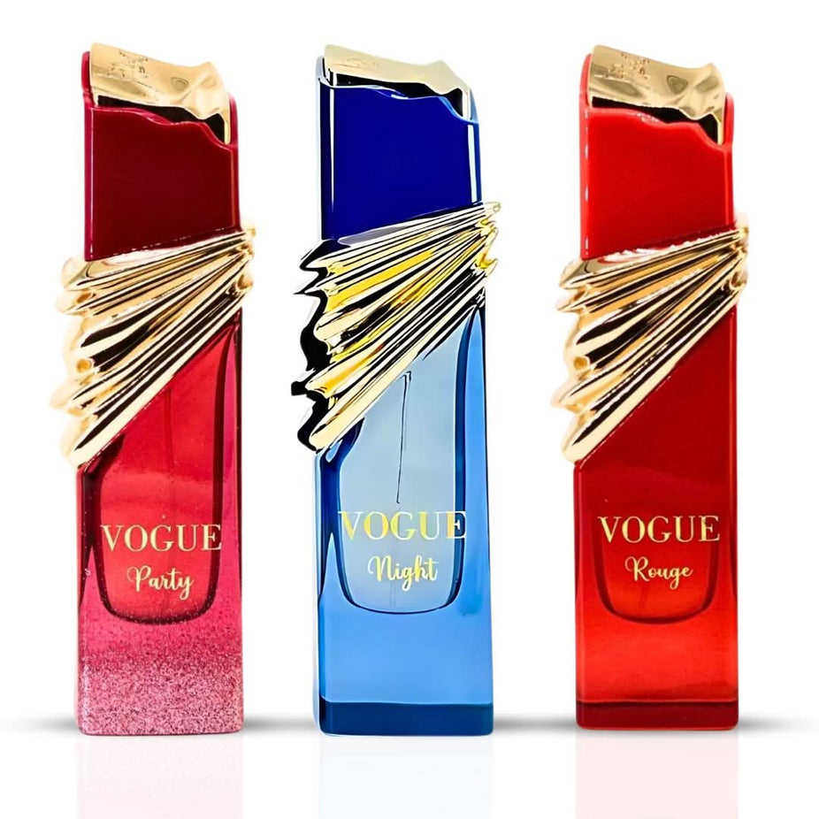 Maison Alhambra Vogue Party, Night, and Rouge Eau de Parfum sprays in 100ml bundle, featuring elegant perfume bottles.