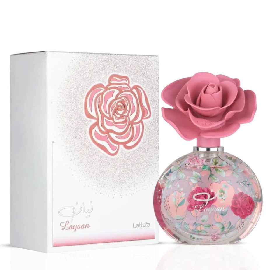 Lattafa Nasmaat 100ml and Layaan 75ml Eau de Parfum spray bundle, featuring elegant fragrance bottles with decorative caps.