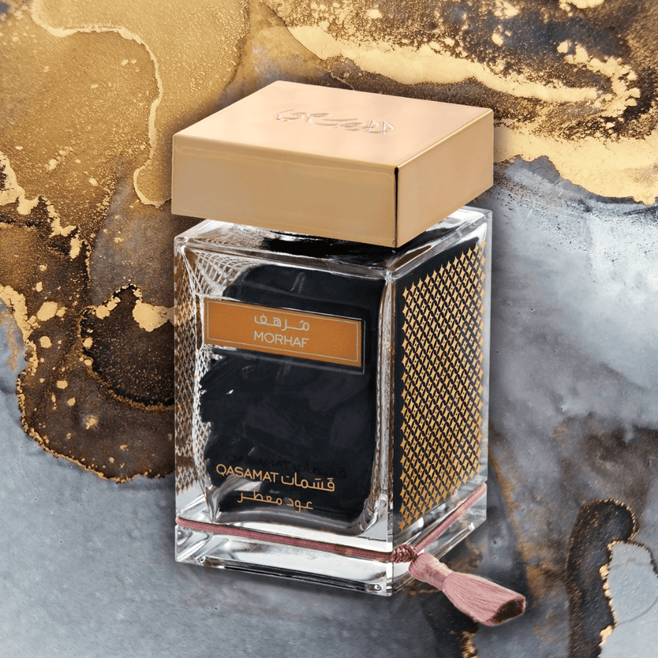 Rasasi Qasamat Morhaf Oud Moattar Bakhoor 50g, traditional aromatic incense with rich oud scent in a decorative container
