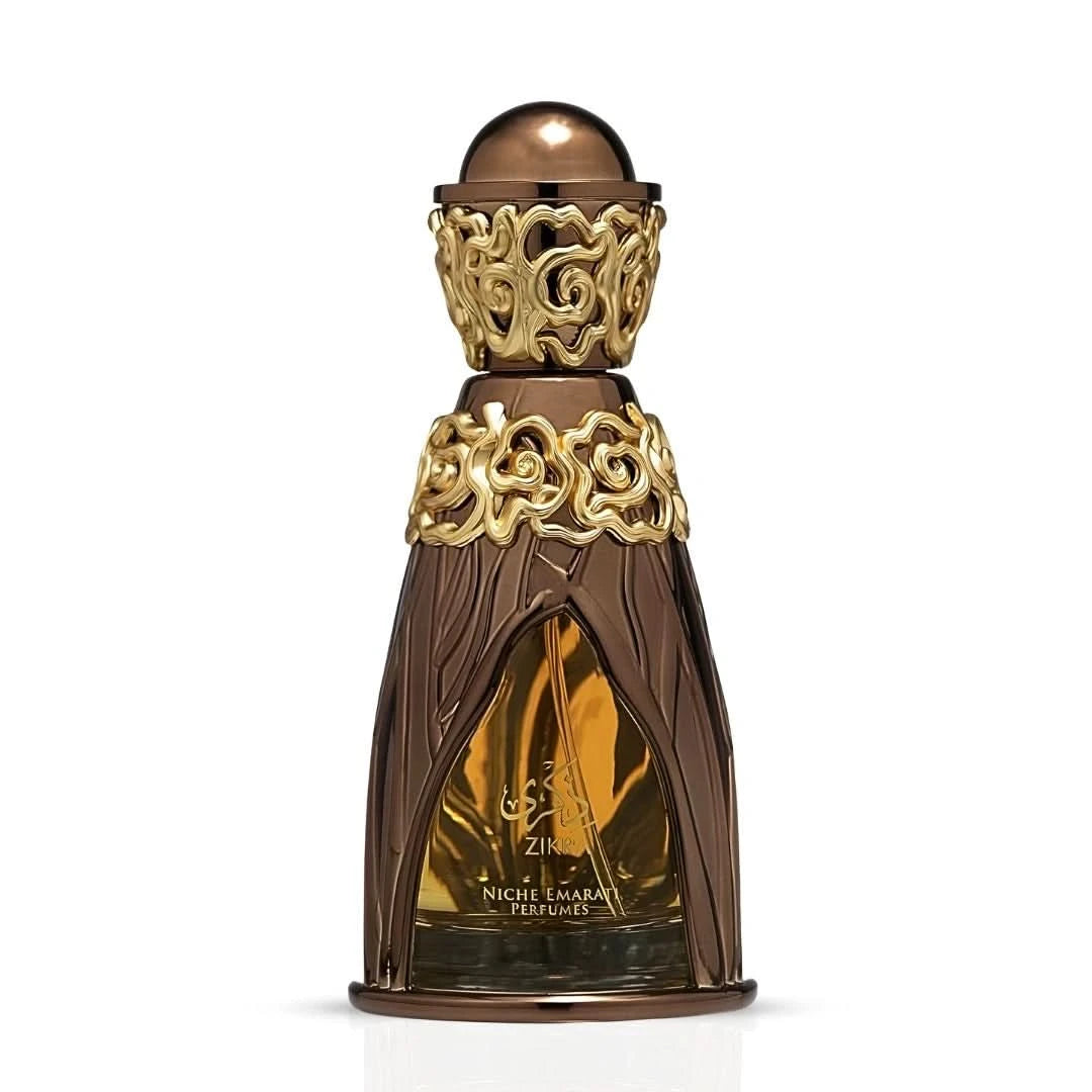 Lattafa Niche Emarati Zikra Eau de Parfum spray in 100ml bottle with velvet pouch, featuring elegant perfume packaging.