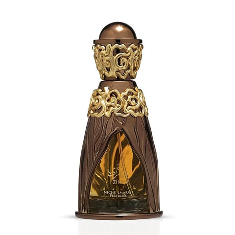 Lattafa Niche Emarati Zikra Eau de Parfum spray in 100ml bottle with velvet pouch, featuring elegant perfume packaging.