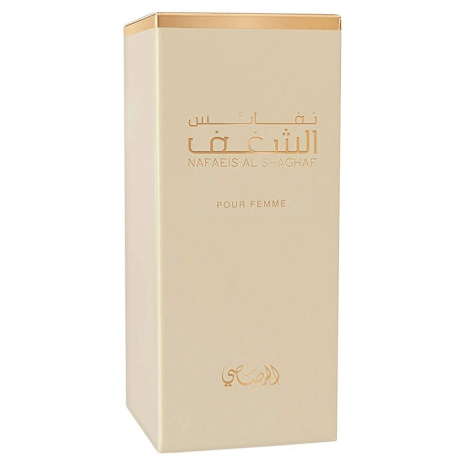 Rasasi Nafaeis Al Shaghaf Women EDP 100ml perfume bottle with elegant design, showcasing the fragrance's luxurious appeal.