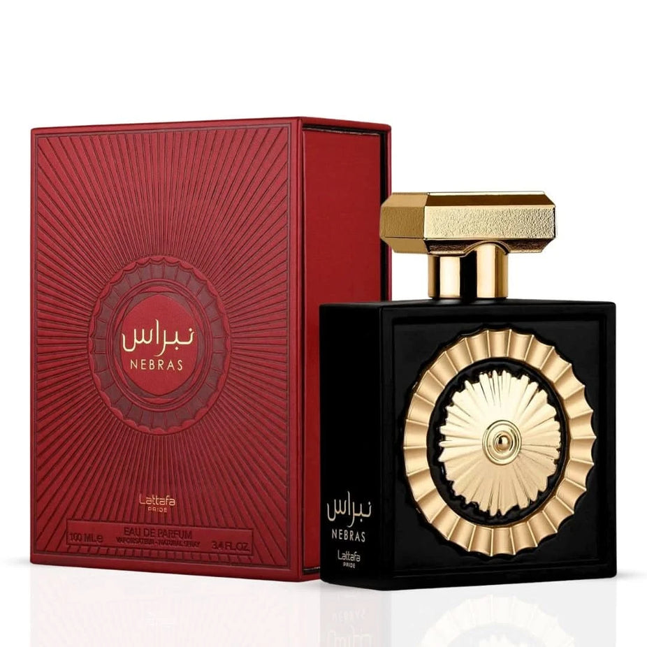 Bundle of Lattafa Nebras Elixir and Nebras Eau de Parfum sprays, 100ml each, featuring elegant bottles and luxurious fragrance design.