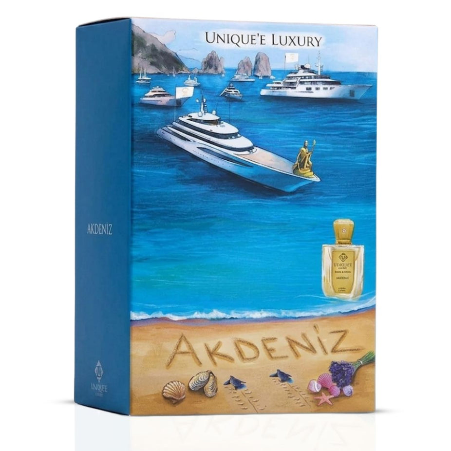 Unique'e Luxury Akdeniz Extrait de Parfum Spray 100ml, elegant glass bottle with a sleek design.
