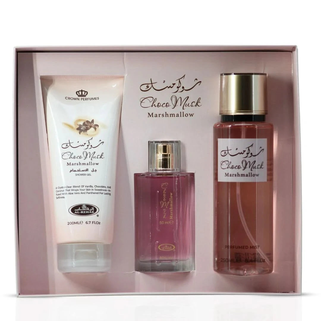 Al Rehab Choco Musk Marshmallow 3-piece perfume gift set with bottles featuring elegant packaging and brand logo.