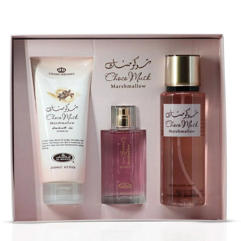 Al Rehab Choco Musk Marshmallow 3-piece perfume gift set with bottles featuring elegant packaging and brand logo.
