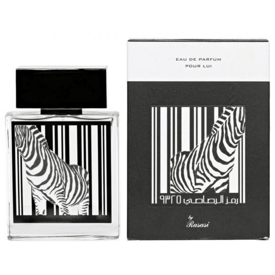 Rasasi Rumz Al Rasasi 9325 Pour Lui Eau de Parfum spray bottle, 50ml, featuring a zebra design, elegant fragrance packaging