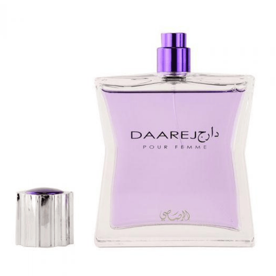 Rasasi Daarej women’s Eau de Parfum spray 100ml bottle with elegant design and floral scent, showcasing the perfume’s packaging.