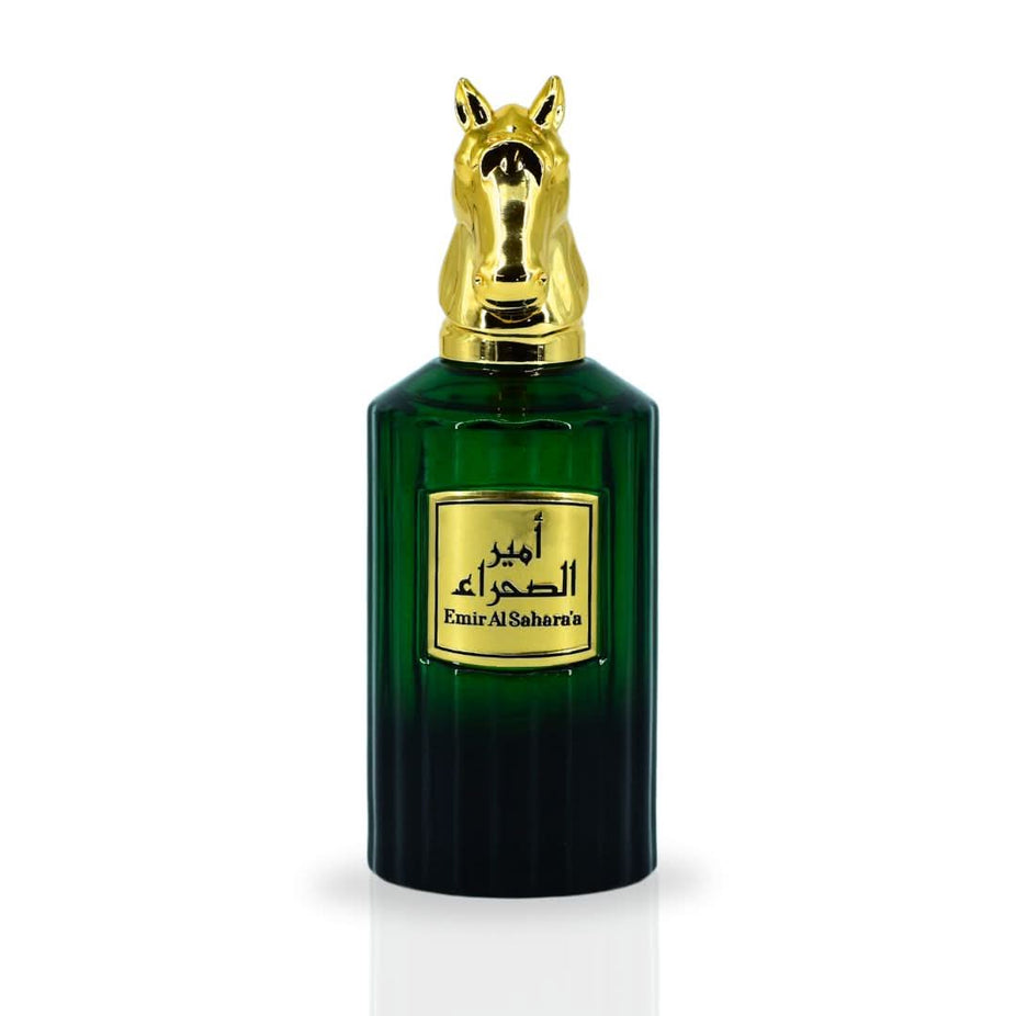 RISALA Emir Al Sahara'a EDP 90ML perfume bottle with elegant design and decorative cap, showcasing the luxurious fragrance.