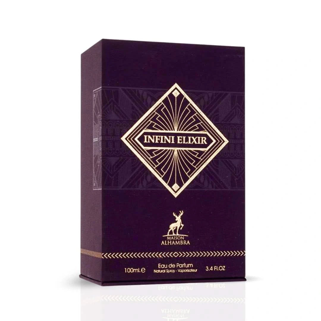 Maison Alhambra Infini Elixir Eau de Parfum spray 100ml bottle with elegant packaging and gold accents.