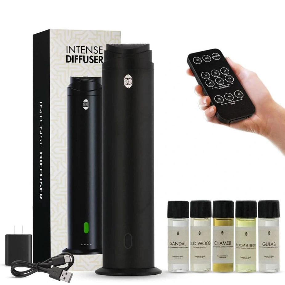 Intense Oud Black Aromatherapy Diffuser with remote control, 120ml capacity, adjustable mist, timer, for home, office, or hotel use.