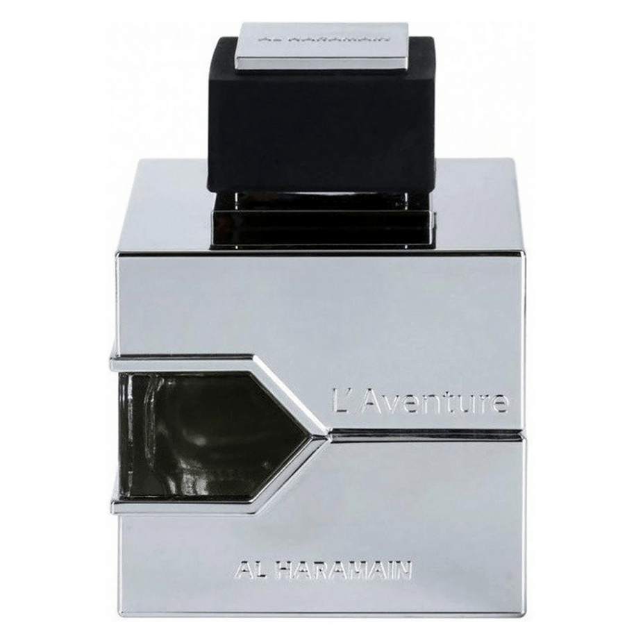 Al Haramain L'Aventure for Men Eau de Parfum spray, 100ml, featuring the perfume bottle with a sleek design.