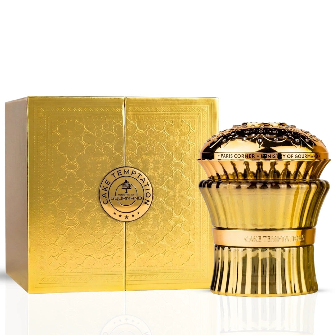Bundle of Intense Oud Choco Musk and Cake Temptations Eau de Parfum sprays, 100ml each, featuring elegant fragrance bottles.