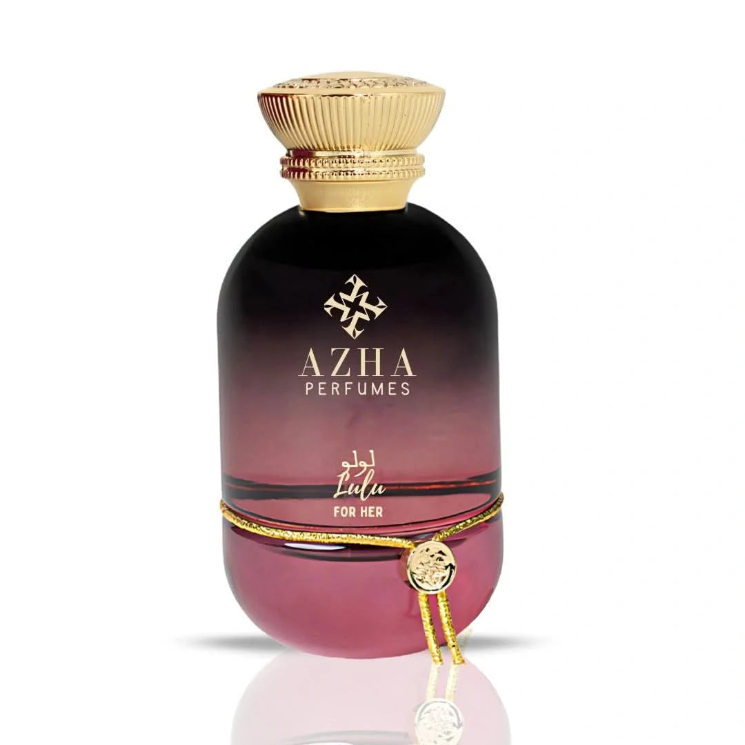 Azha Lulu for Her Eau De Parfum spray 100ML with velvet pouch, featuring elegant glass bottle and floral fragrance design.