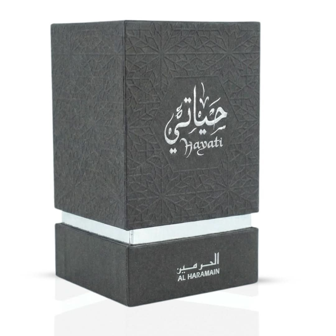 Al Haramain Hayati Concentrated Perfume Oil Set with 4pcs, including refillable 3ml bottles and a small perfume oil container.