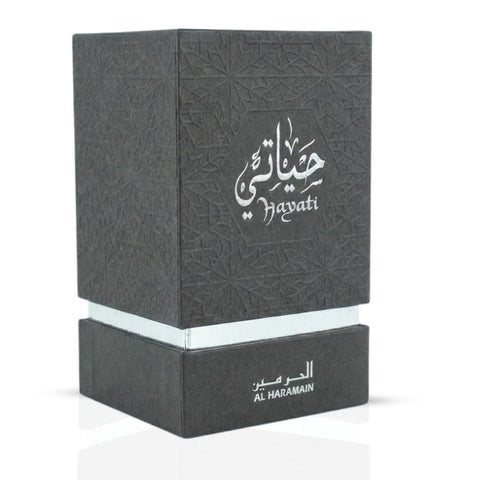 Al Haramain Hayati Concentrated Perfume Oil Set with 4pcs, including refillable 3ml bottles and a small perfume oil container.