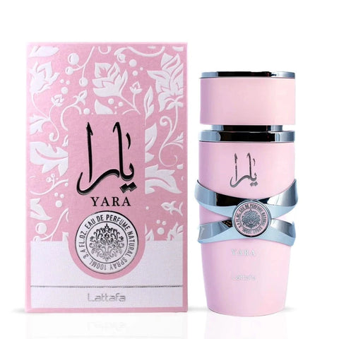 Lattafa Yara Eau de Parfum Spray 100ml and All Over Spray 150ml bundle, featuring elegant bottles and fragrance design.