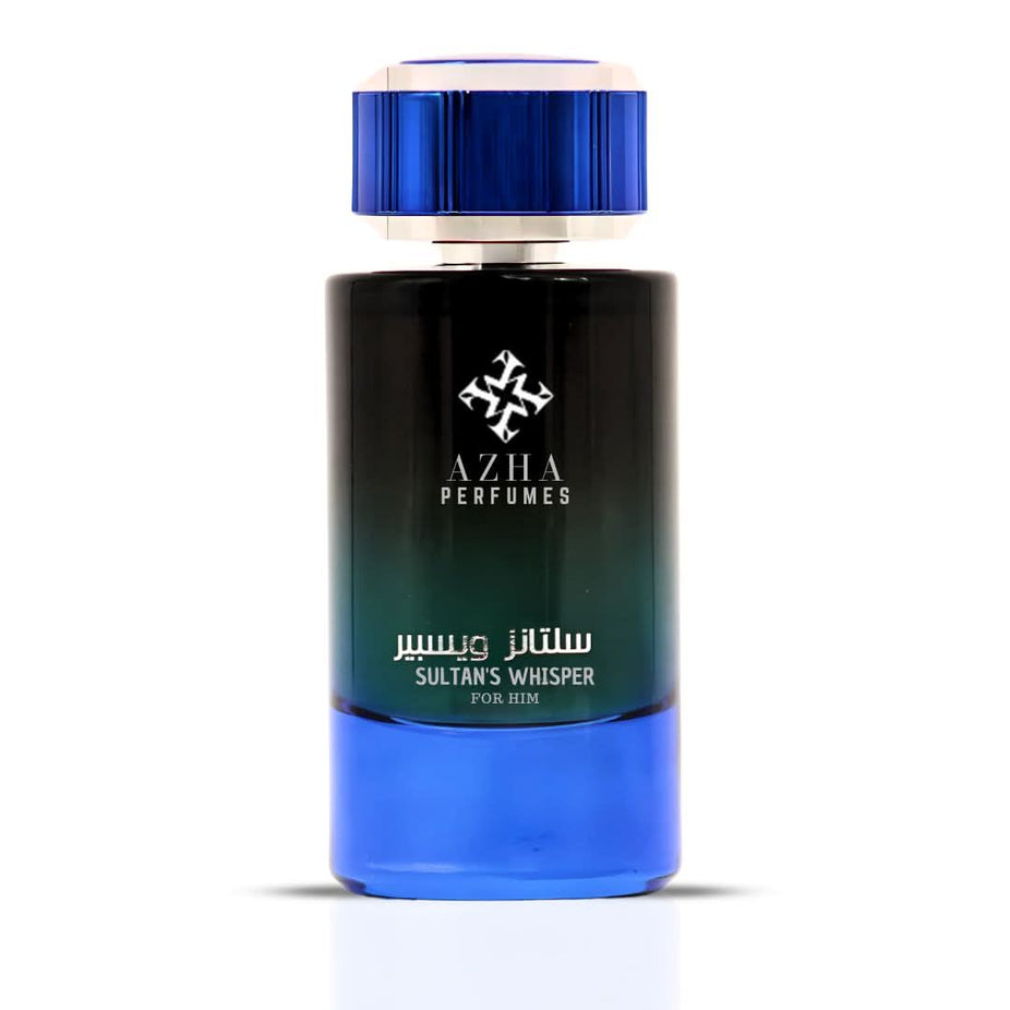 Azha Sultan's Whisper for Him Eau de Parfum spray 100ml bottle, elegant design, showcasing the fragrance's luxurious appeal.