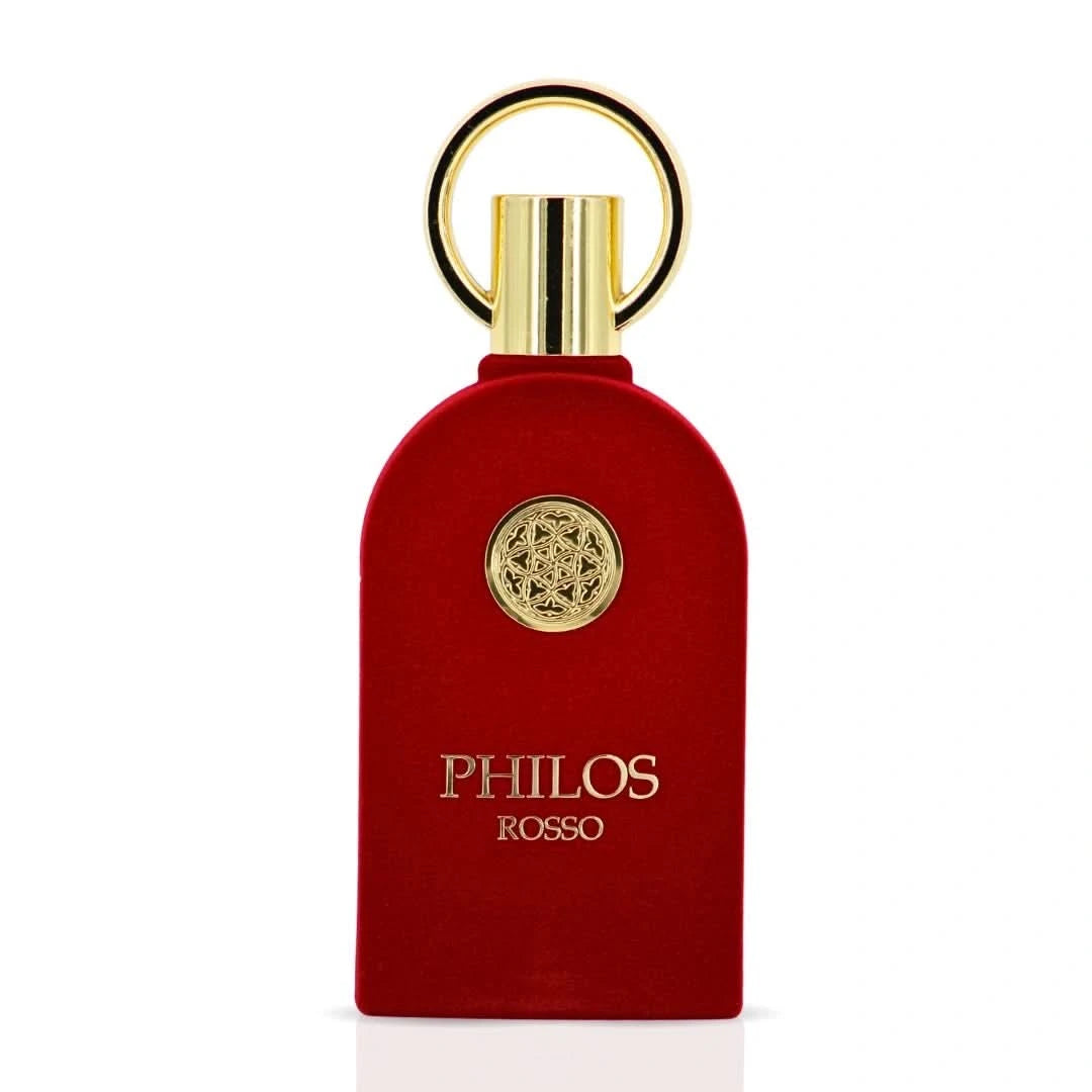 Maison Alhambra Philos Rosso Eau de Parfum spray 100ml bottle with elegant packaging and branding details.