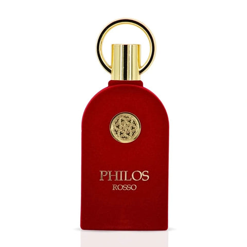 Maison Alhambra Philos Rosso Eau de Parfum spray 100ml bottle with elegant packaging and branding details.