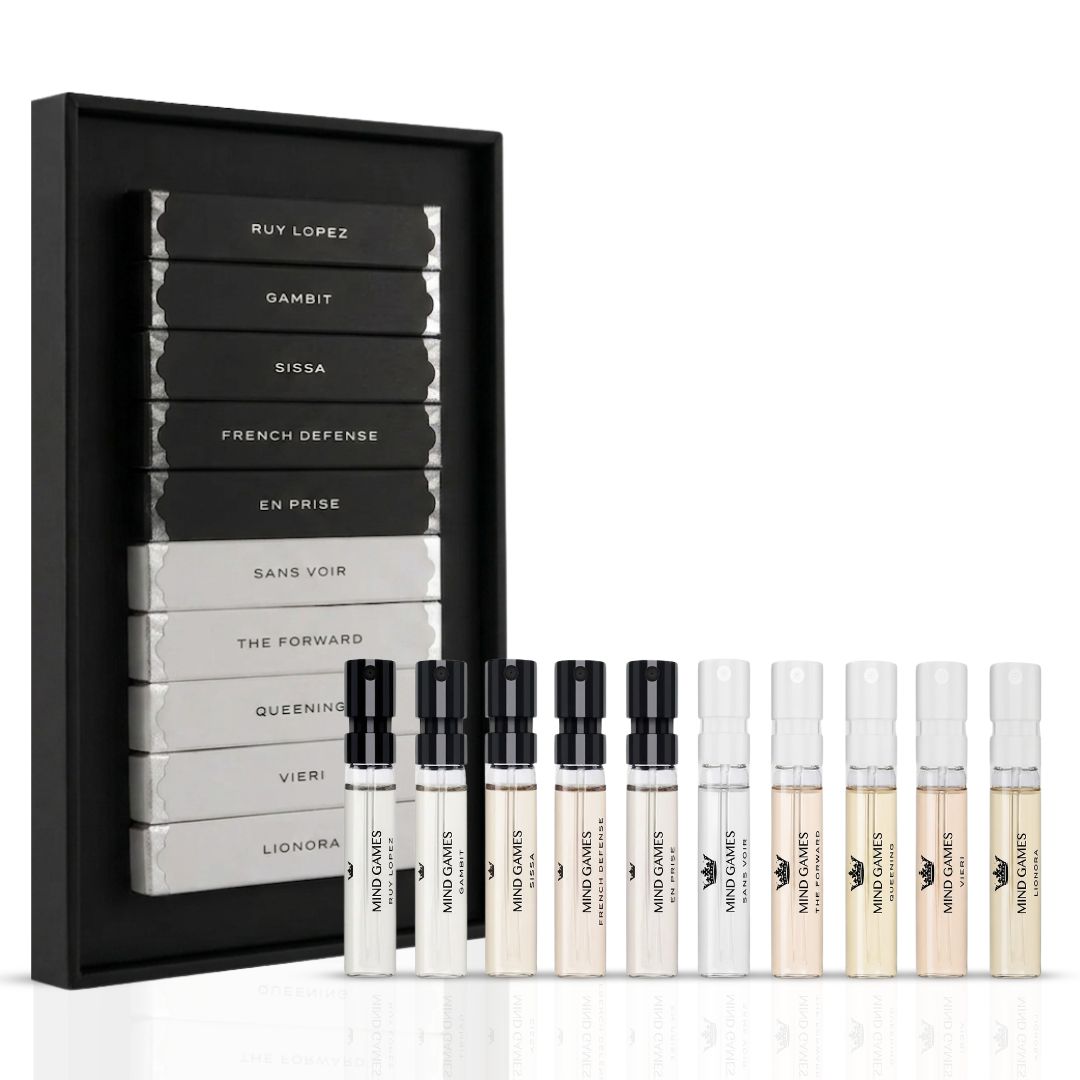 Mind Games Soulmate Collection 10-piece sample discovery set with 2ml vials, featuring a variety of fragrances in small bottles.