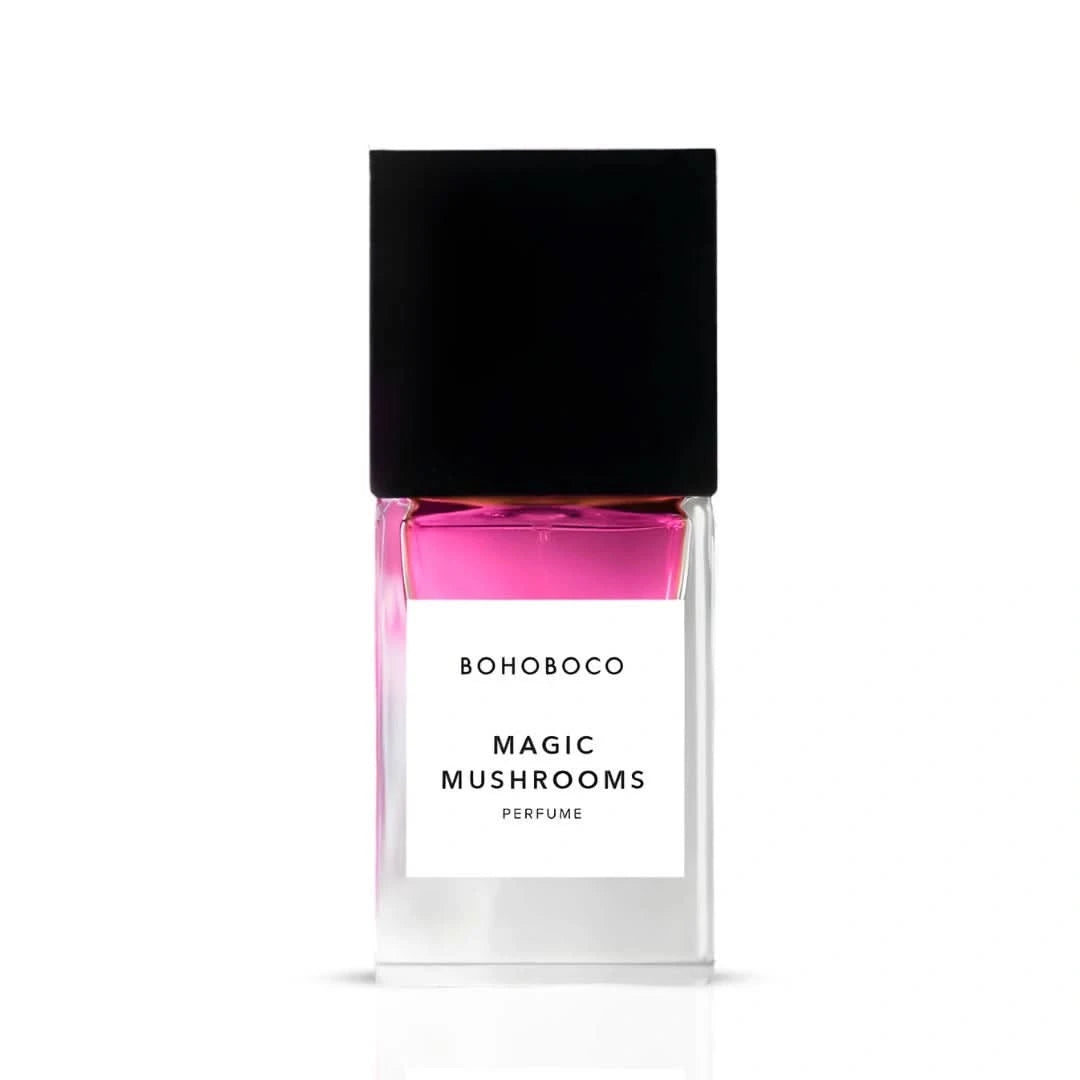 Bohoboco Magic Mushrooms Eau de Parfum spray 50ml bottle, elegant packaging with floral and mushroom design, luxurious fragrance.