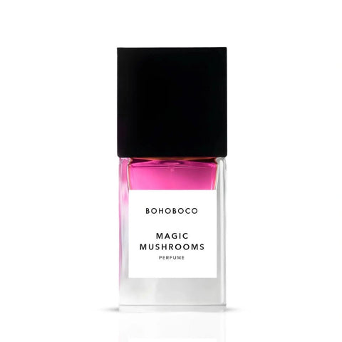 Bohoboco Magic Mushrooms Eau de Parfum spray 50ml bottle, elegant packaging with floral and mushroom design, luxurious fragrance.
