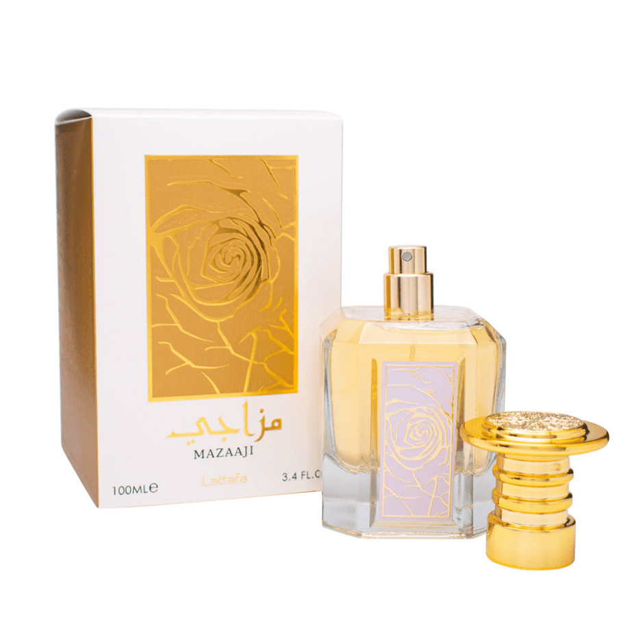Lattafa Mazaaji for Women Eau De Parfum 100ML bottle with elegant floral design and clear glass packaging.