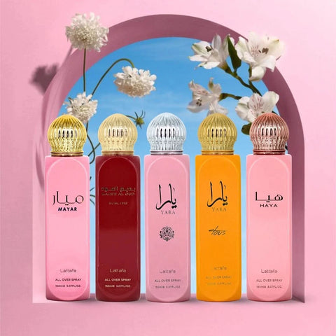 Lattafa Yara, Mayar, Haya, Tous & Bade'e Al Oud Sublime all-over spray bundle, 150ml each, with colorful packaging bottles.
