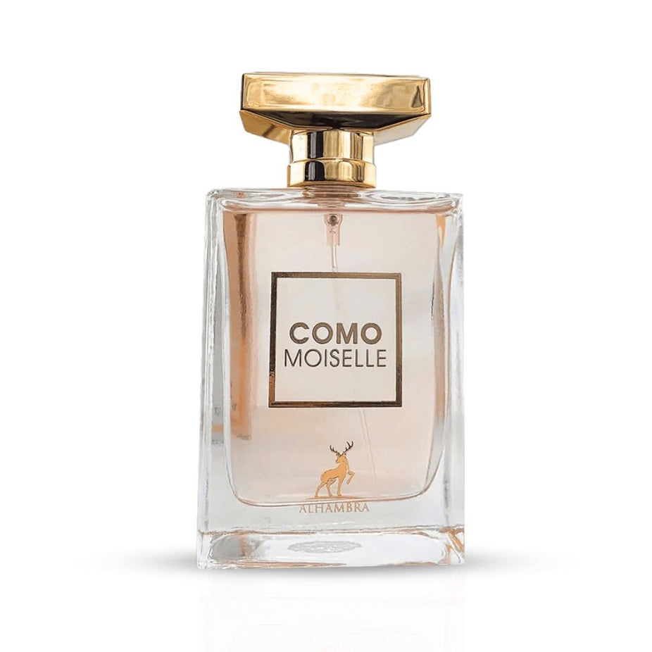Como Moiselle Eau de Parfum Spray by Maison Alhambra, 100ml bottle, elegant floral fragrance with a sleek perfume bottle.