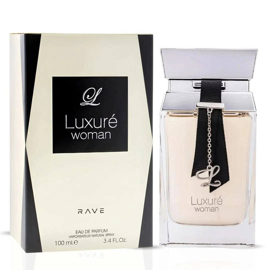 Bundle of three 100ml Eau de Parfum sprays including Luxure Woman by Rave, Manaal by Ard Al Zaafaran, and Ghalya by Hamidi from Intense Oud