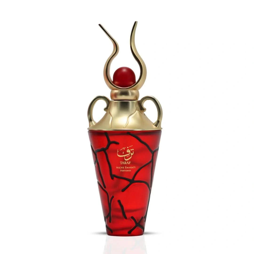Lattafa Niche Emarati Taraf Eau De Parfum spray in a velvet pouch, 100ml, featuring a luxurious fragrance bottle.