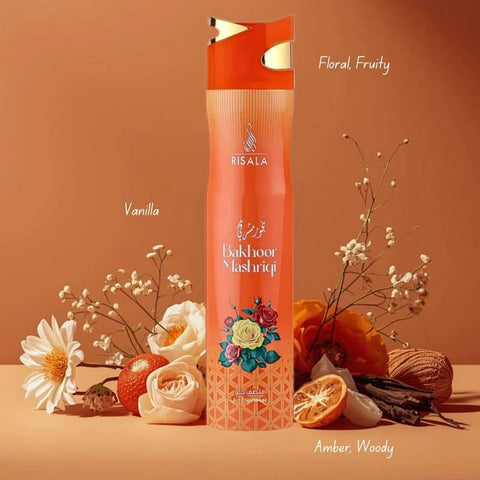 Bakhoor Mashriqi air freshener bottle by RISALA, 300ml, with a sleek design and label indicating traditional Middle Eastern scent.