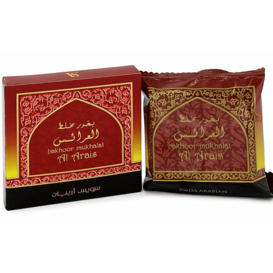 Swiss Arabian Bakhoor Mukhalat Al Arais in 40 GM jar, showcasing the fragrant aromatic bakhoor with intricate packaging details.
