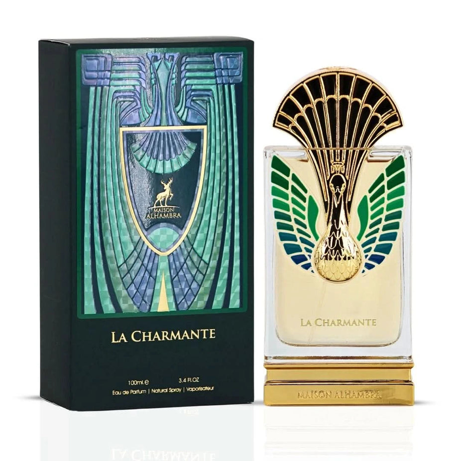 Bundle of two Maison Alhambra La Charmante & La Charmante Éclatant Eau de Parfum sprays, 100ml each, with sleek perfume bottles.