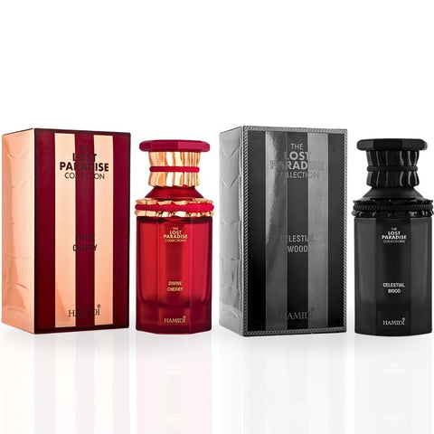 Hamidi Divine Cherry & Celestial Wood perfume spray bundle, 100ml bottles with elegant packaging.