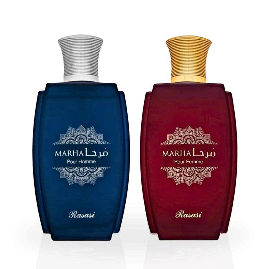 Rasasi Marha Pour Homme and Femme Eau de Parfum spray bundle, 100ml each, with sleek bottles displayed side by side.
