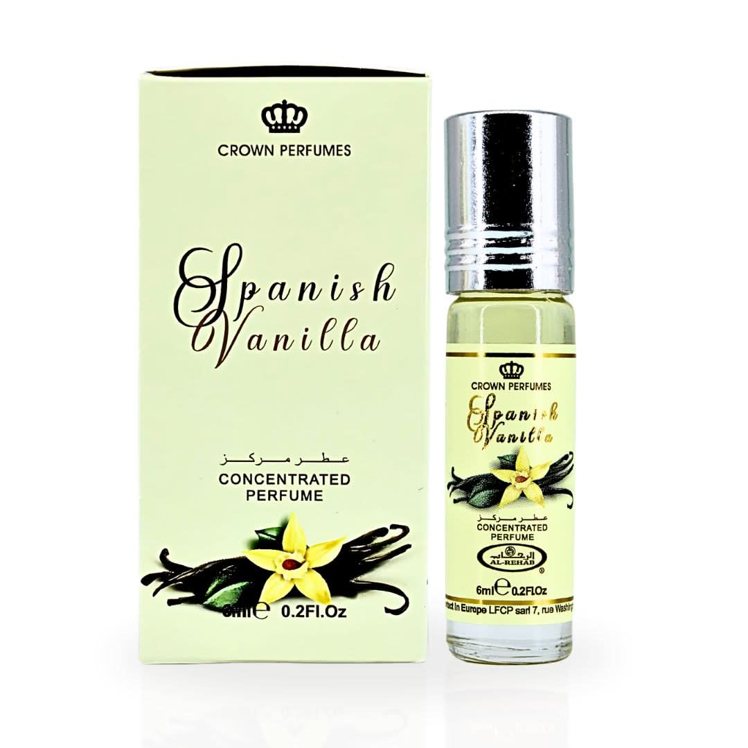 Al Rehab Spanish Vanilla Perfume Oil CPO 6ml in a small glass bottle, shown with box of six concentrated perfume oils.
