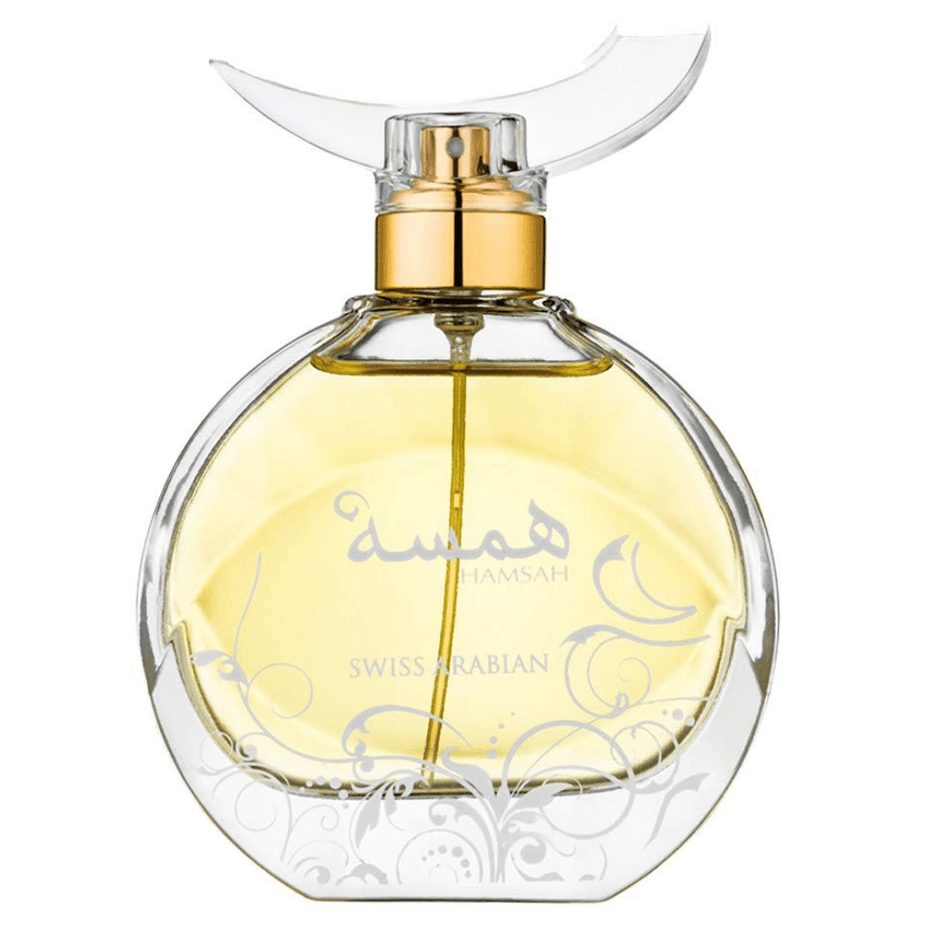 Swiss Arabian Hamsah for Women EDP bottle, 80ml (2.7 oz), elegant glass perfume container with floral and oriental design elements.