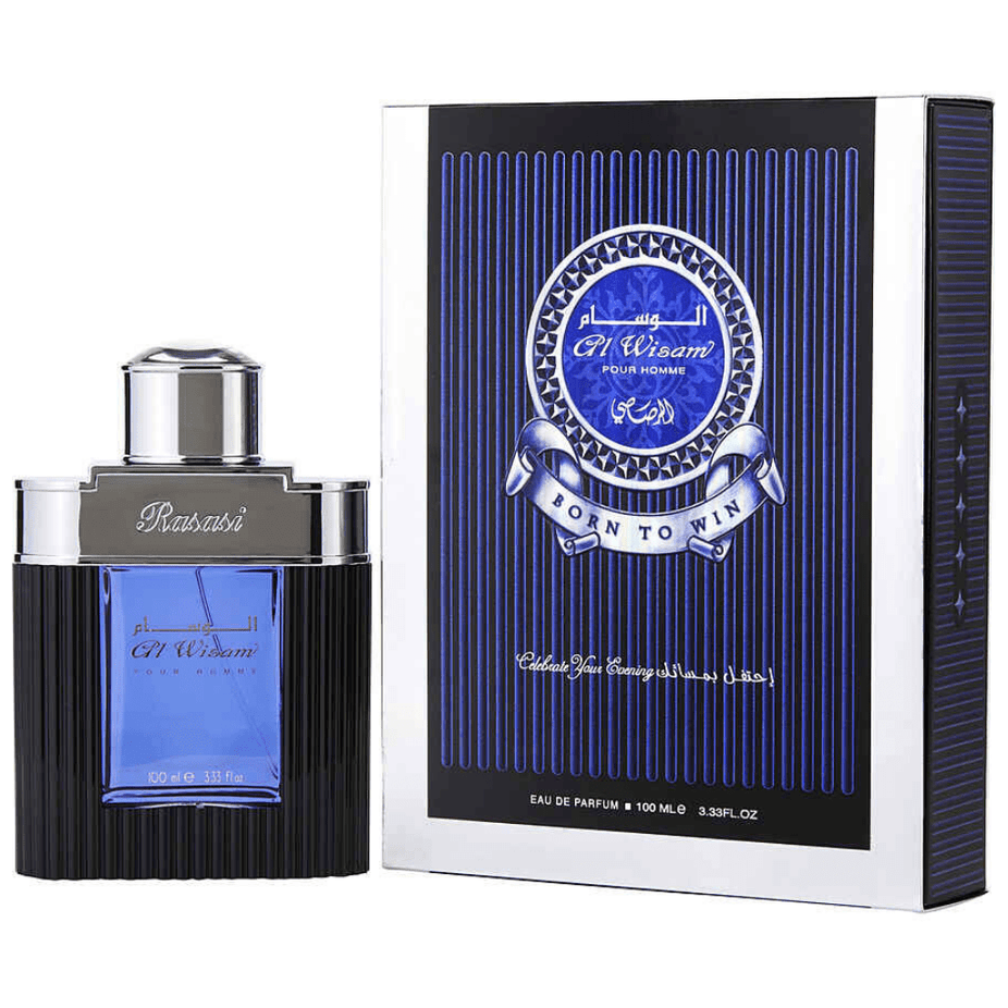 Rasasi Al Wisam Evening Men EDP bottle, 100ml, elegant fragrance with a sleek design, suitable for evening wear.