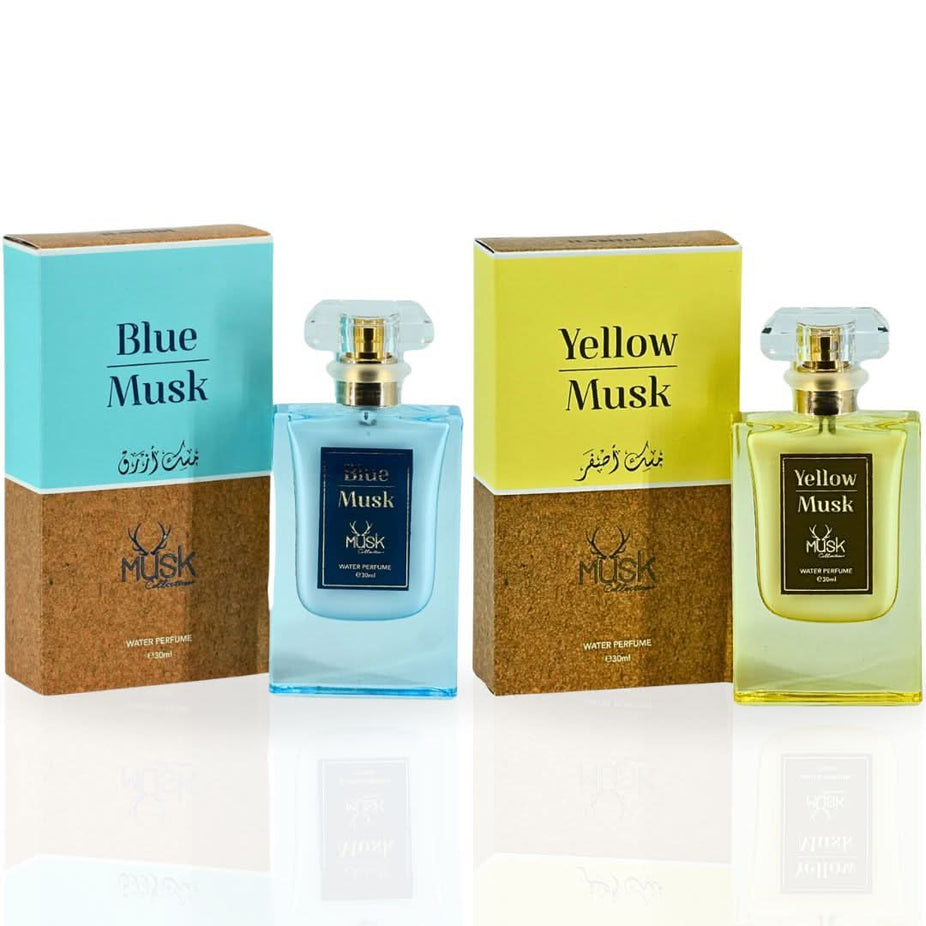 Hamidi Blue Musk and Yellow Musk water perfume spray bundle, 30ml each, featuring elegant glass bottles with colorful caps.