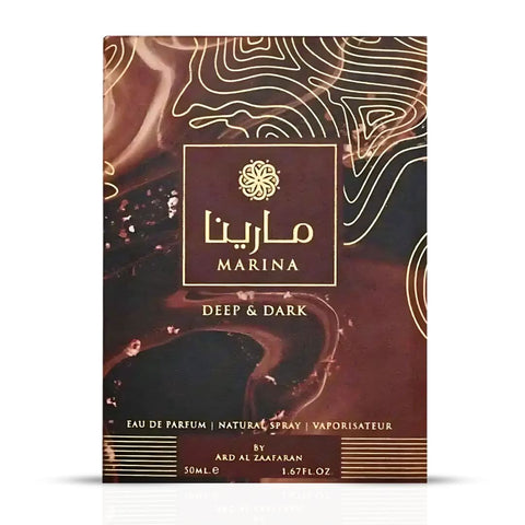 Ard Al Zaafaran Marina Deep & Dark Eau de Parfum spray bottle, 50ml, with elegant dark packaging and floral fragrance details.