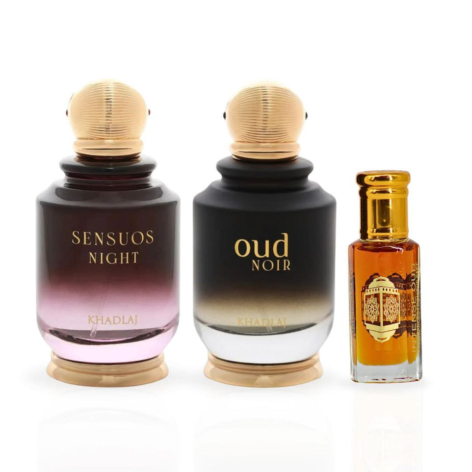 Intense Oud Sensuos Night Oud Noir gift set with 100ml Eau de Parfum spray, 12ml perfume oil, and magnetic gift box.