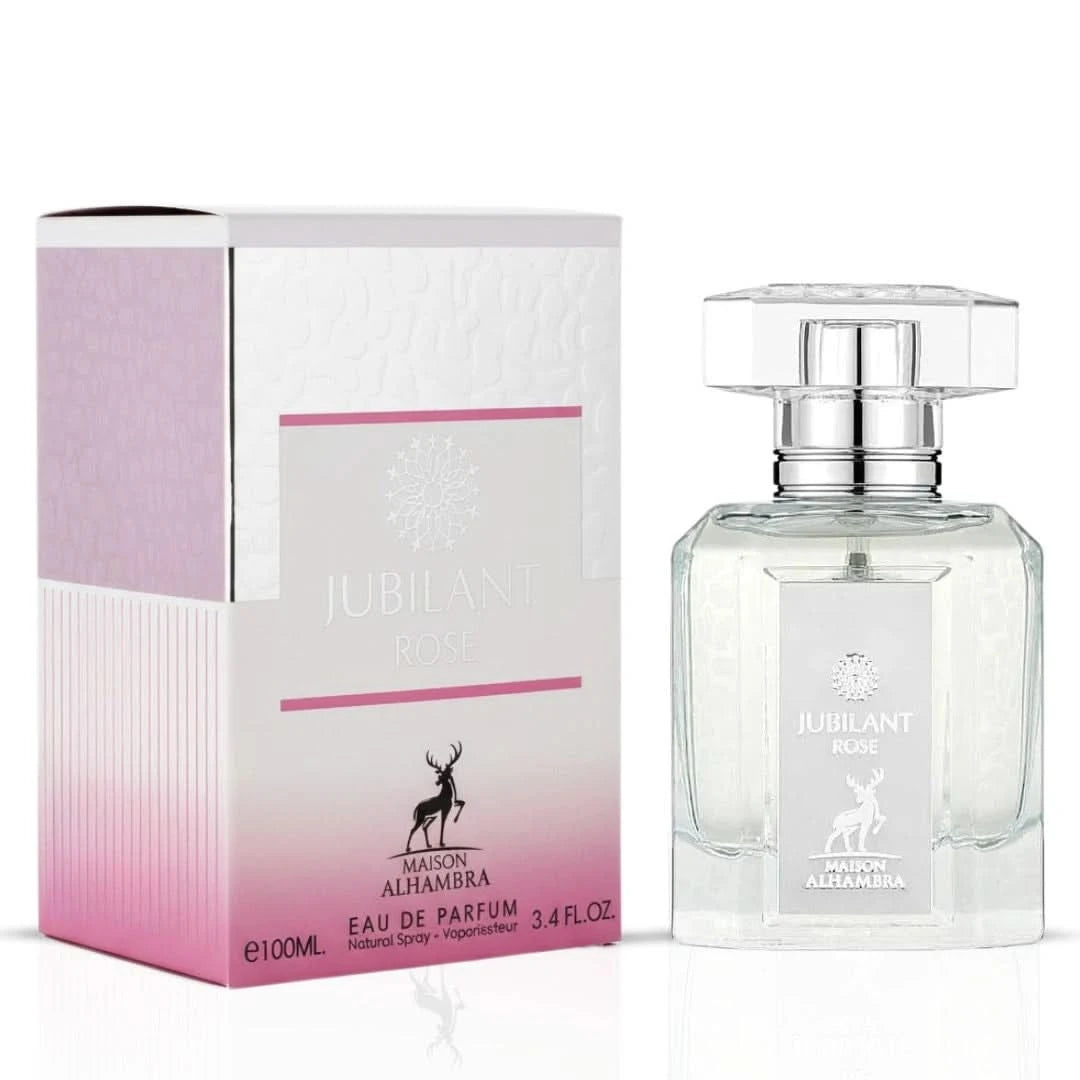 Maison Alhambra Jubilant Rose & Florenza Eau de Parfum bundle with two 100ml spray bottles, elegant floral fragrance presentation.