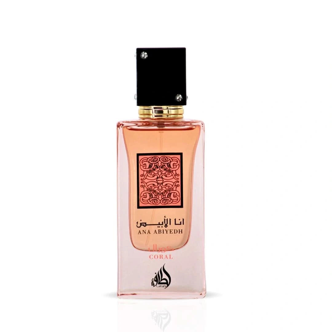 Lattafa Ana Abiyedh Coral Eau de Parfum spray in 60ml bottle, featuring a sleek design and vibrant coral color.